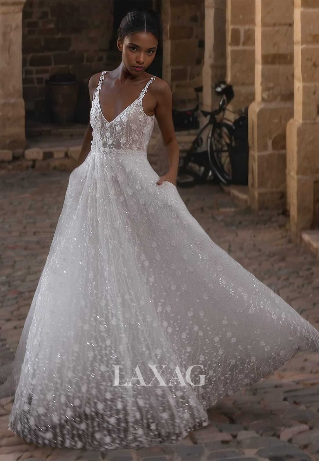 V-Neck Spaghetti Straps Sleeveless Allover Glitter Lace A-Line Wedding Laxag V-Neck Spaghetti Straps Sleeveless Allover Glitter Lace A-Line Wedding Laxag