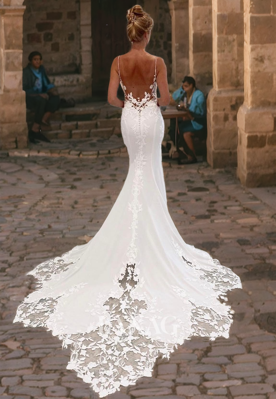 Trumpet&Mermaid Applique Top Satin Cathedral Train Sleeveless V-Neck Wedding Dress