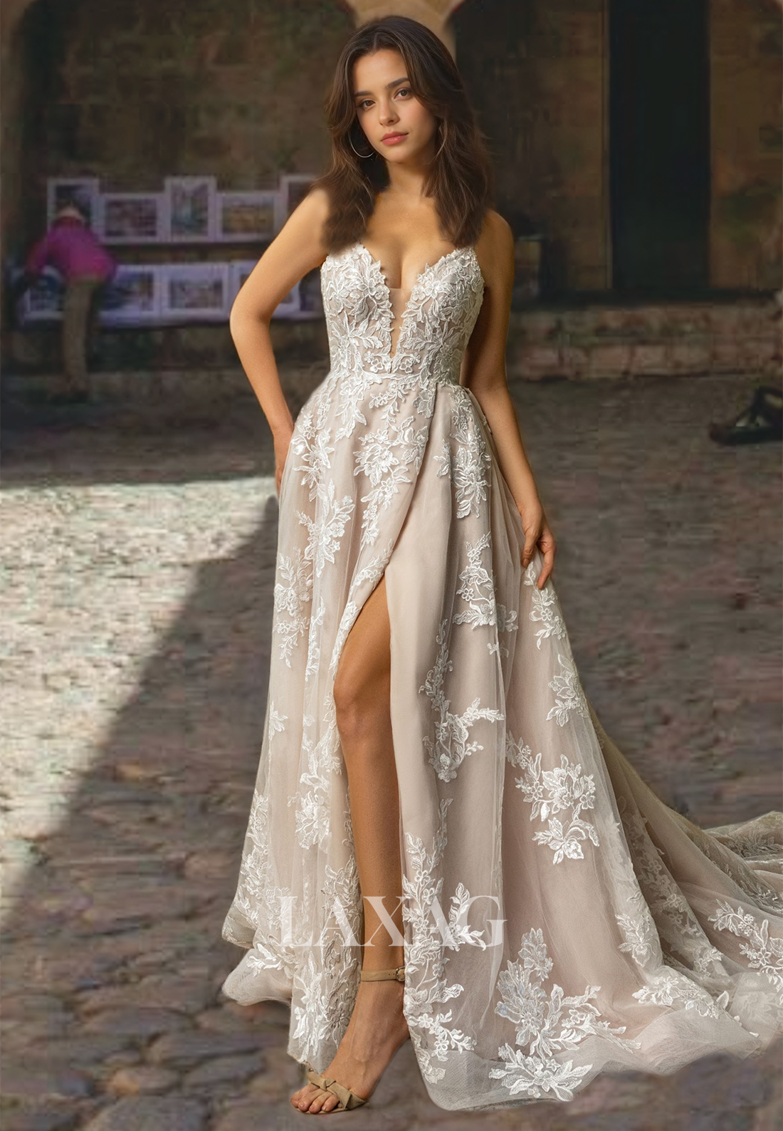 A-Line Sweetheart Allover Lace Appliques Wedding Dress Spaghetti Straps Sleeveless Bridal Dress with High Split A-Line Sweetheart Allover Lace Appliques Wedding Dress Spaghetti Straps Sleeveless Bridal Dress with High Split