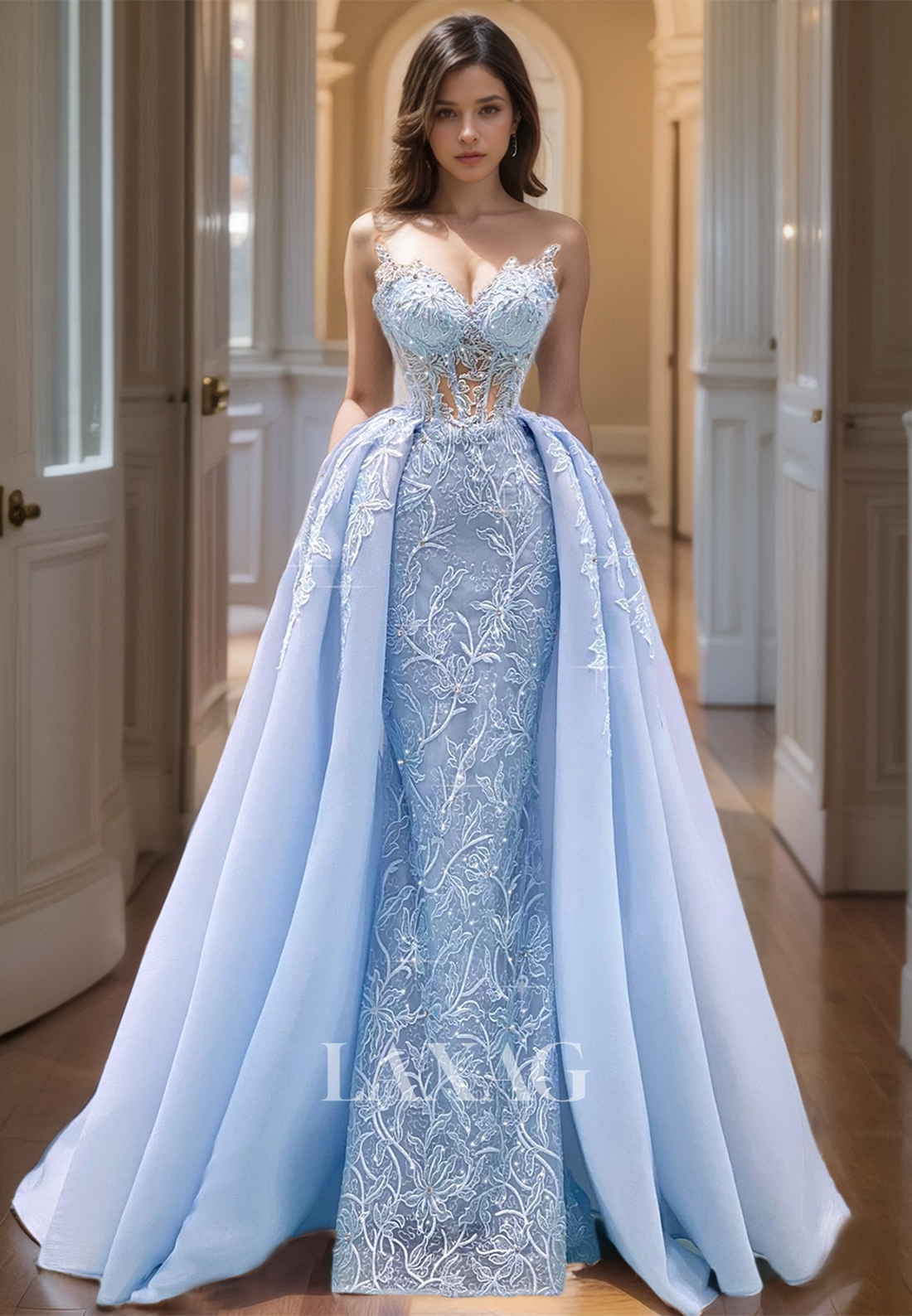 A-Line Sweetheart Sleeveless Prom Dress Floor-Length Beaded Formal Gowns with Floral Appliqued