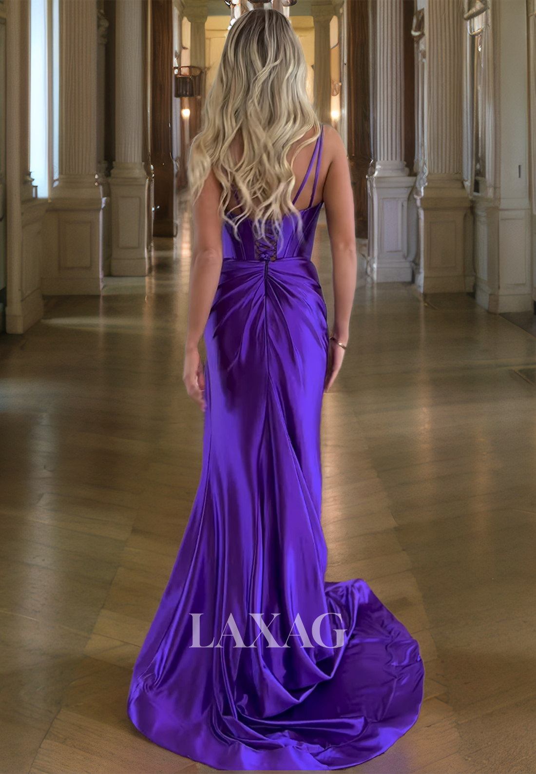 V-Neck Sleeveless Pleated High Slit Mermaid Prom Dress Spaghetti Straps Off-Shoulder Evening Gowns