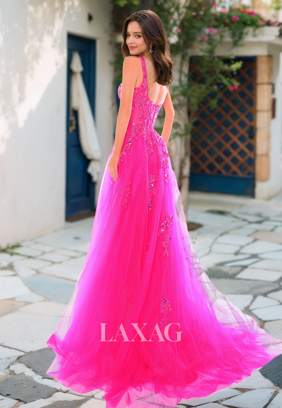 Spaghetti Straps Tube Top Sleeveless A-Line Prom Dress Beaded Applique Tulle Formal Gowns