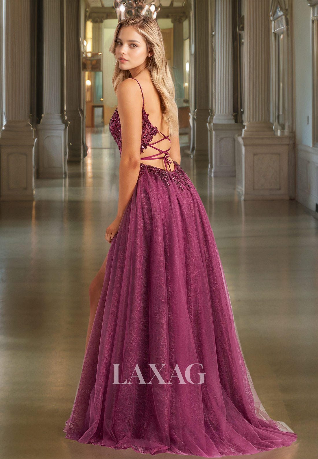 Scoop-Neck Spaghetti Straps Sleeveless Applique Party Dress Beaded Pleated High Slit A-Line Prom Gowns