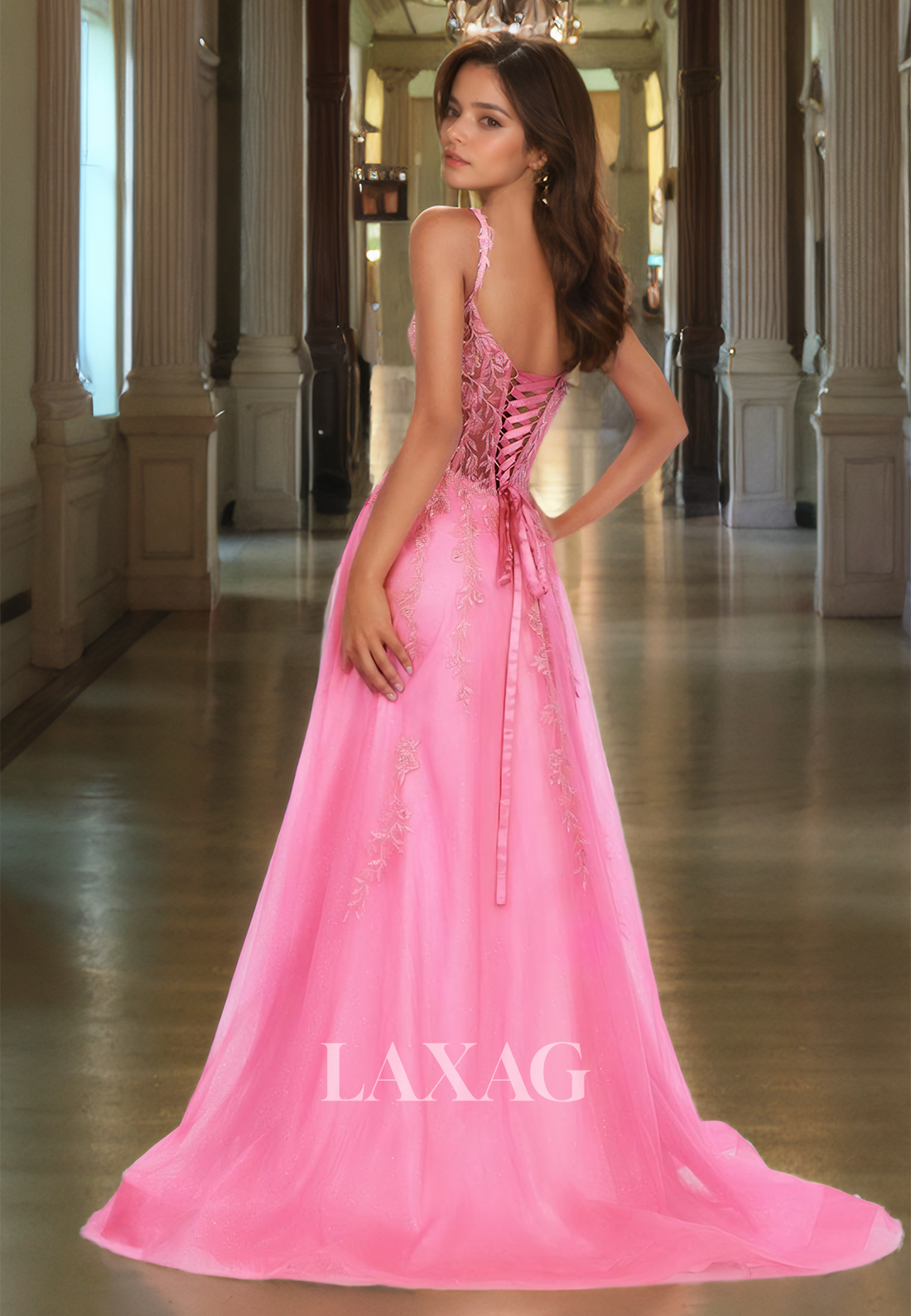 Plunging V-Neck Spaghetti Straps A-Line Prom Dress Sleeveless Foliage Motif Applique Formal Gowns