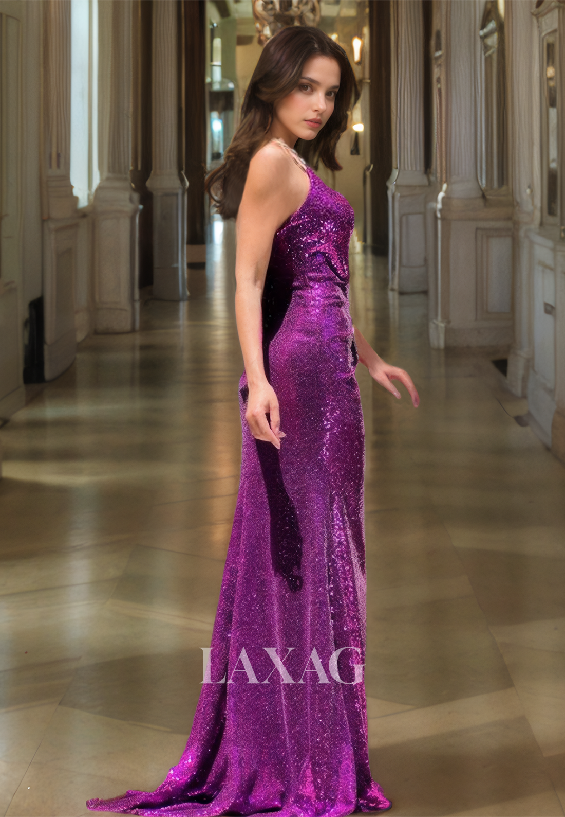 V-Neck Spaghetti Straps Sleeveless Fully Sequined Pleated Beaded Mermaid Prom Dress with High Slit