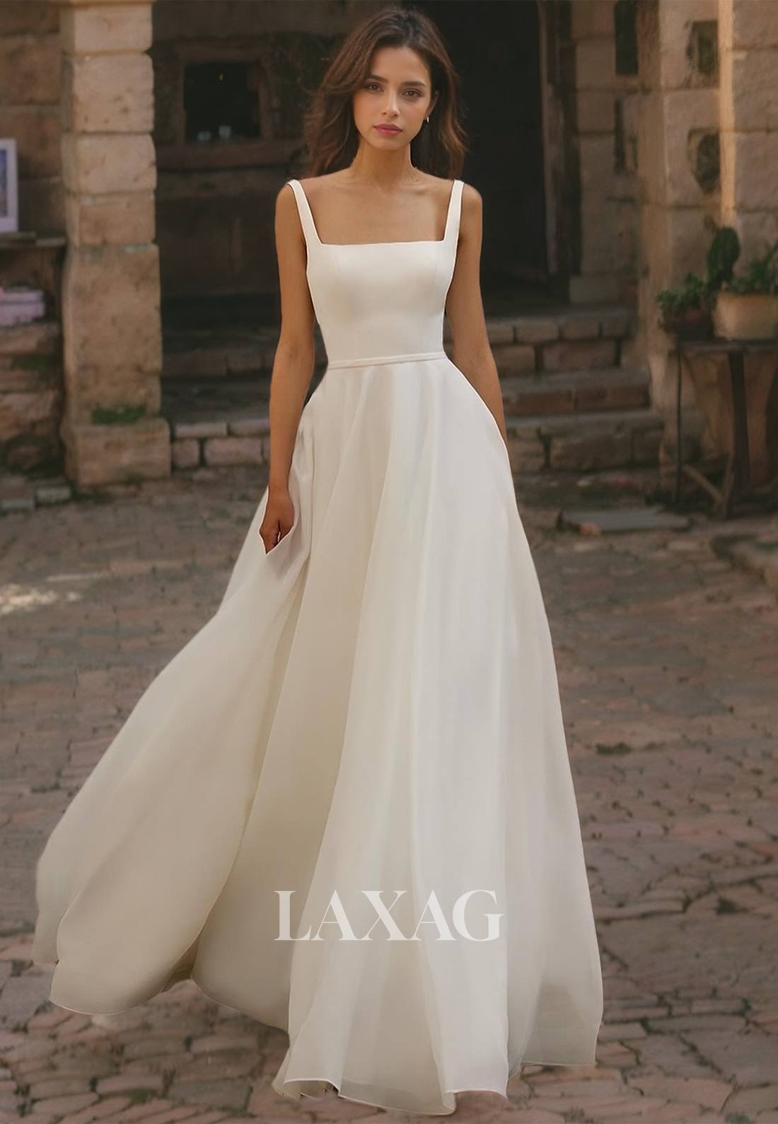 Simple Square-Neck Straps Sleeveless A-Line Chiffon with Sweep Train B Laxag Simple Square-Neck Straps Sleeveless A-Line Chiffon with Sweep Train B Laxag