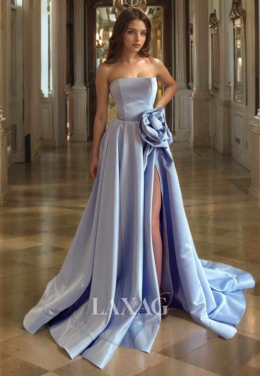 Off-Shoulder Tube Top Satin A-Line Formal Party Gowns Sleeveless Floral Embellishe Prom Dress Slit with Train Off-Shoulder Tube Top Satin A-Line Formal Party Gowns Sleeveless Floral Embellishe Prom Dress Slit with Train