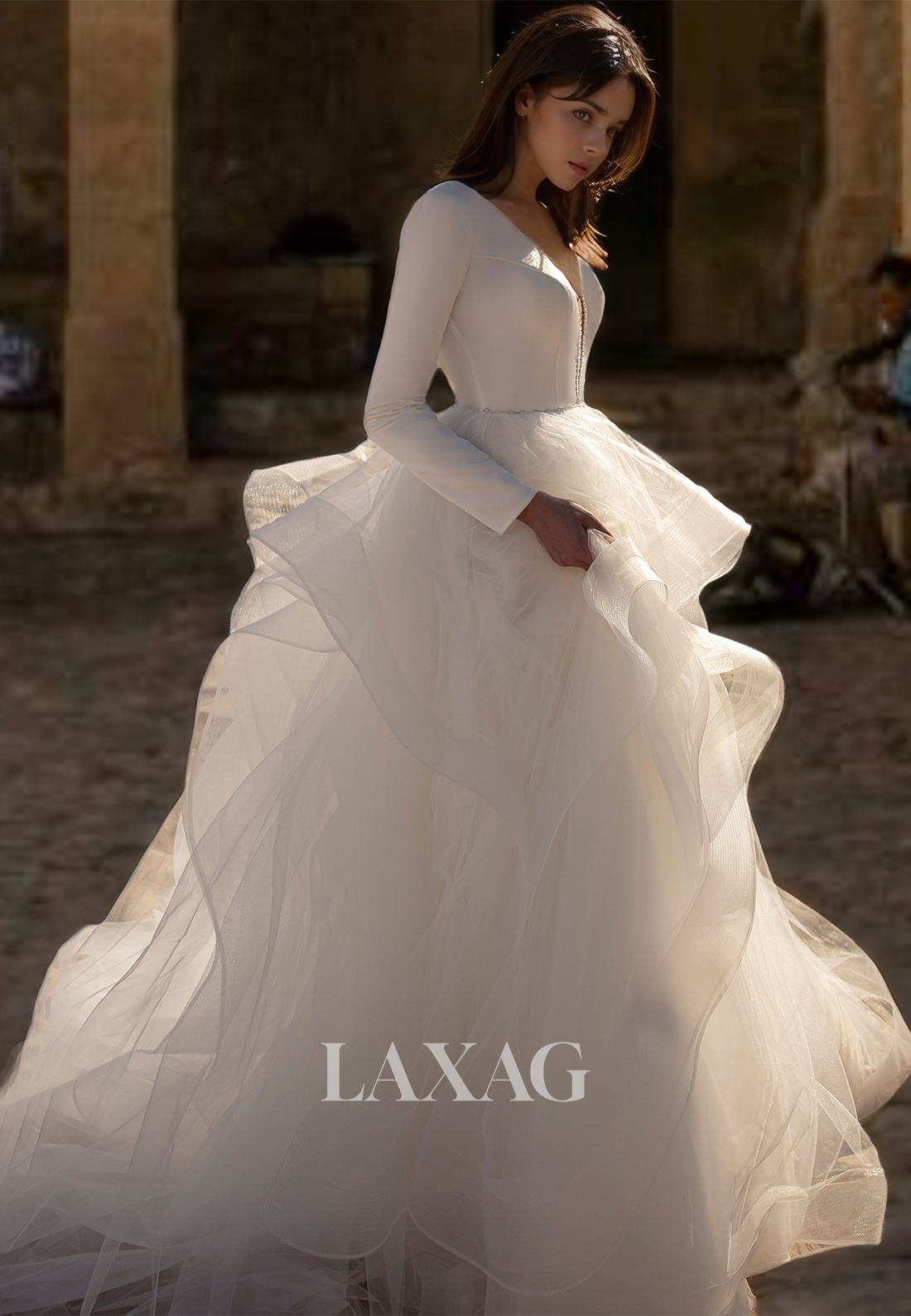 Ornate V-Neck Long Sleeves Wedding Dress A-Line Beaded with Tulle Trai Laxag Ornate V-Neck Long Sleeves Wedding Dress A-Line Beaded with Tulle Trai Laxag