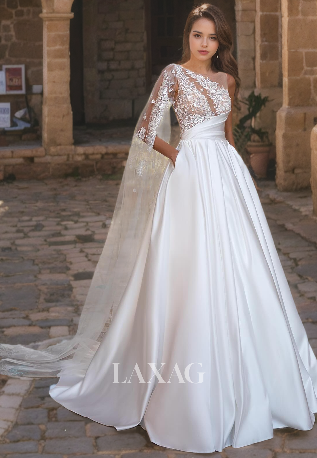 Beteau Iluusion Appliques Lace Top A-Line Satin Wedding Dress with Pockets Beteau Iluusion Appliques Lace Top A-Line Satin Wedding Dress with Pockets