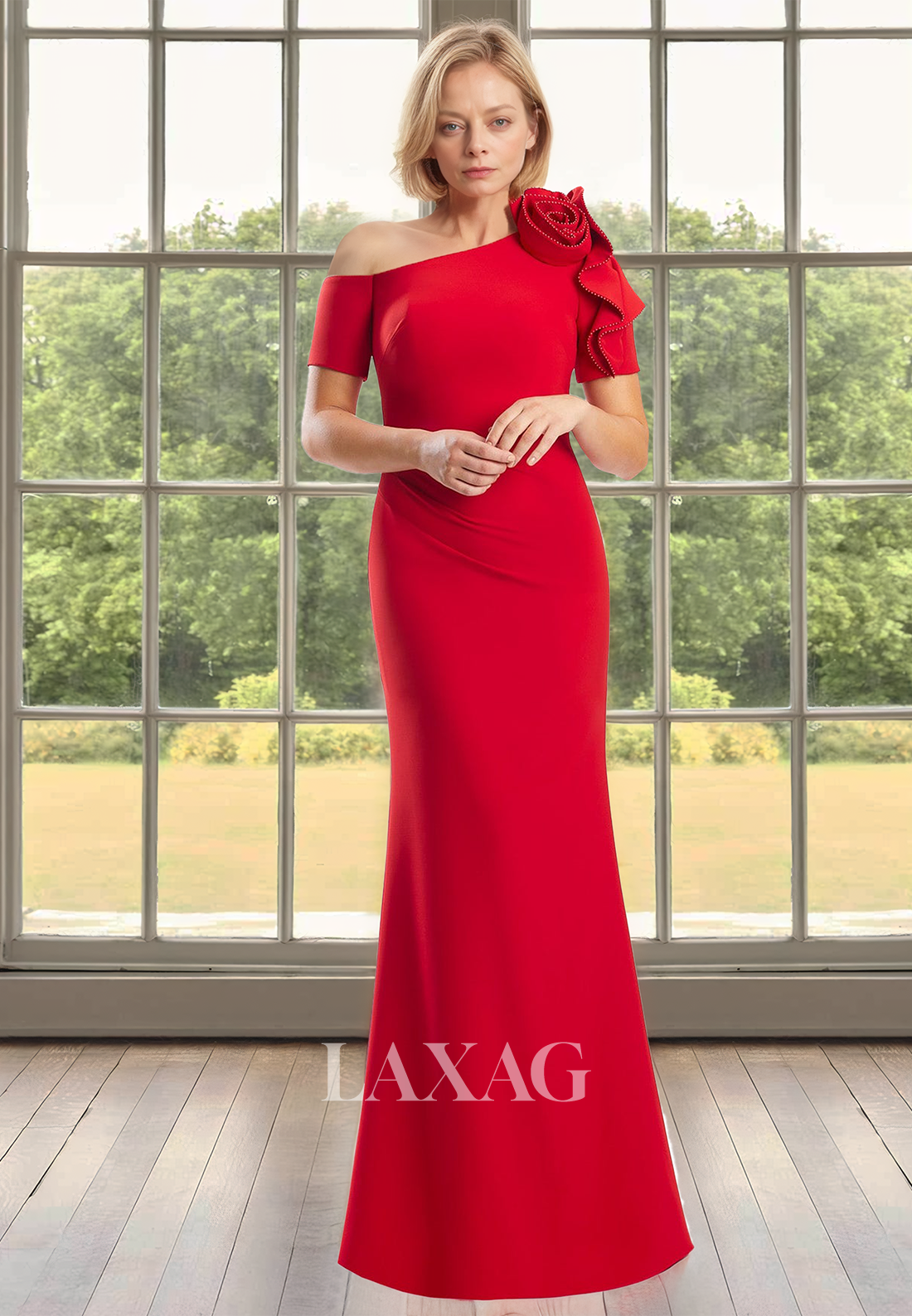 Asymmetrical-Neck Short-Sleeves Cocktail Gowns Beaded Floral Embossed Laxag Asymmetrical-Neck Short-Sleeves Cocktail Gowns Beaded Floral Embossed Laxag