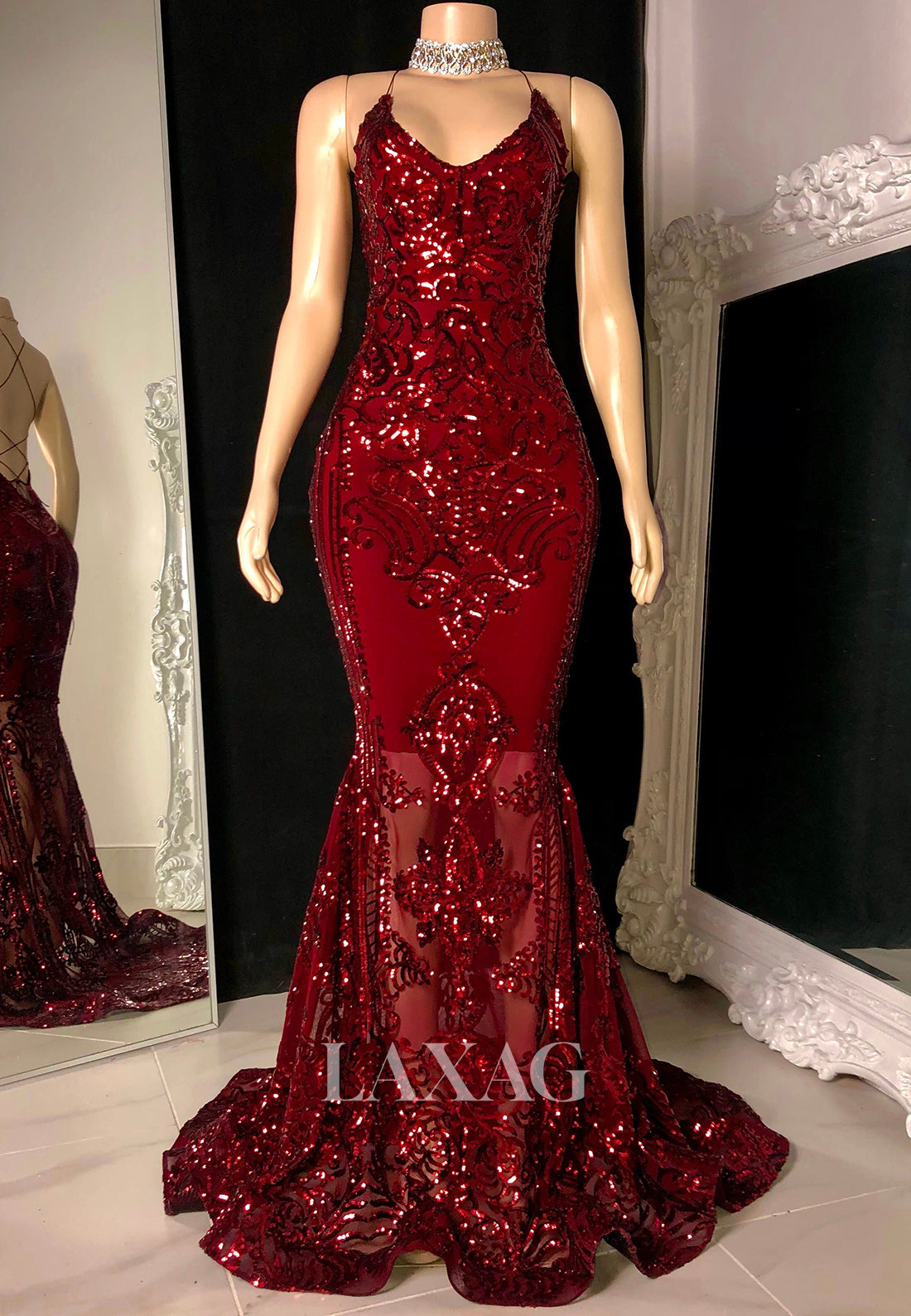 Scoop-Neck Spaghetti Straps Sleeveless Appliques Sequins Sweep Train Mermaid Prom Dress for Black Girl Slay