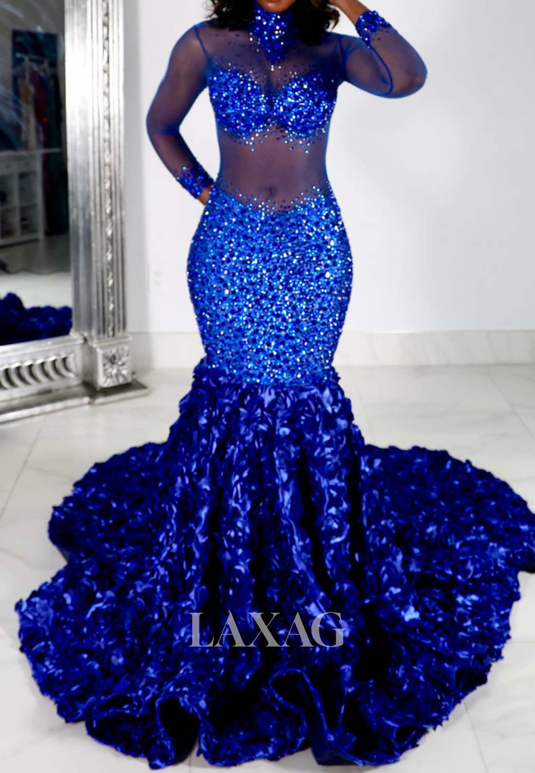 High-Neck Long Sleeves Beaded Sequined illusion Appliques Mermaid Prom Dress for Black Girl Slay
