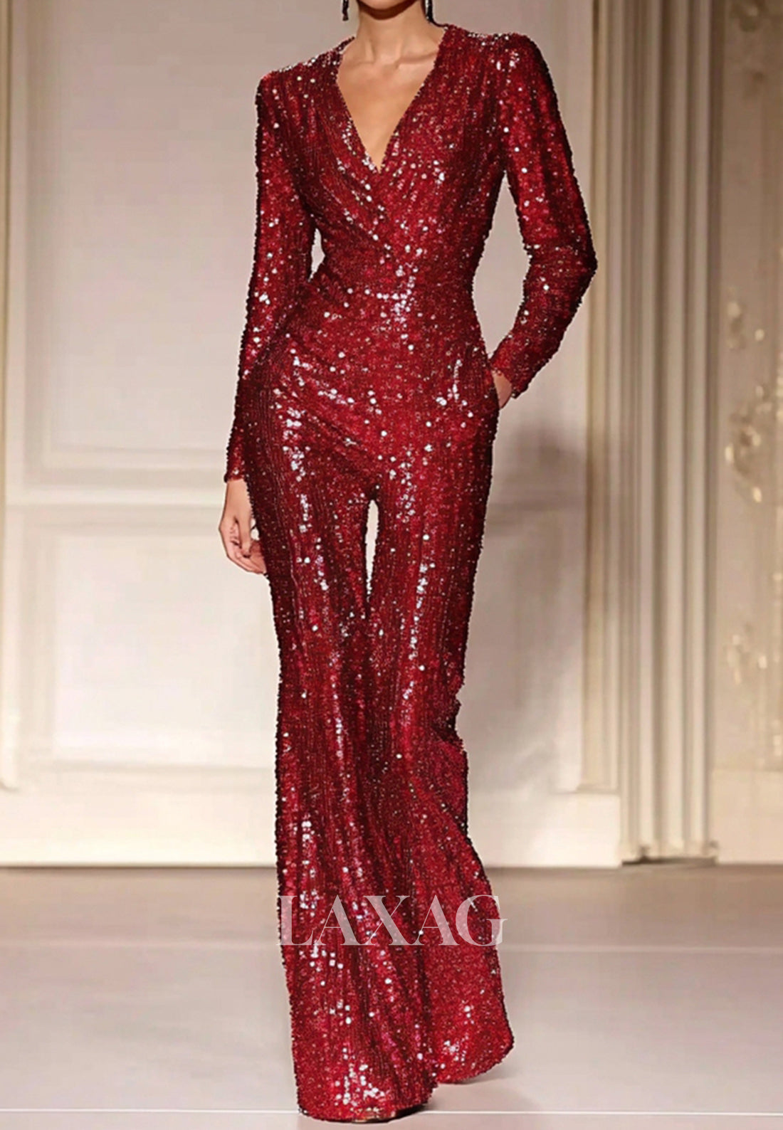 jumpsuit dress long sleeve Yuwull Women's 2024 Velvet Formal Long Sleeve Wedding Guest Jumpsuits Wide Leg V Neck Romper Dressy with Belt Pocket