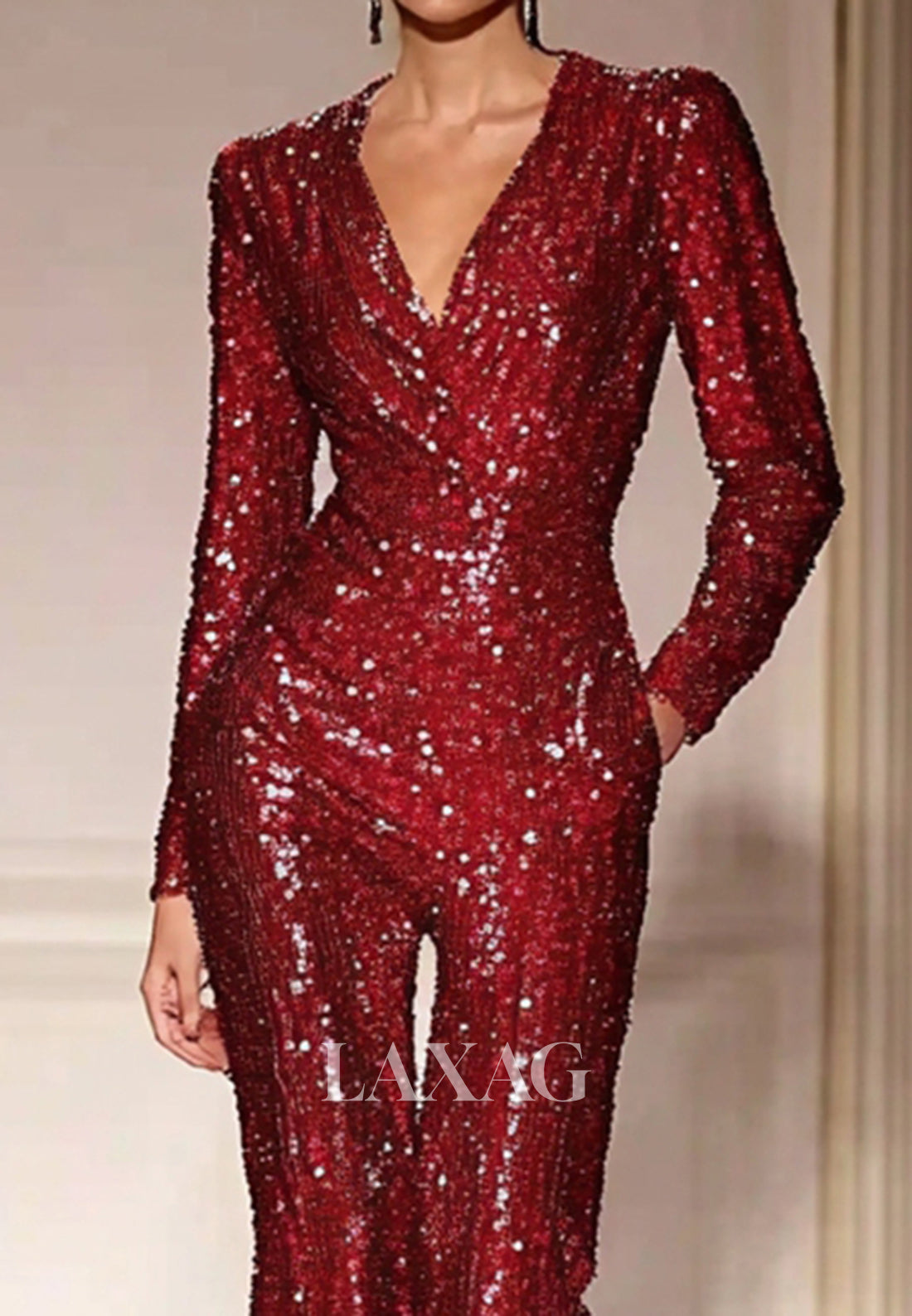 Long-Sleeves Deep V-Neck Fully Sequined Pleated Jumpsuit