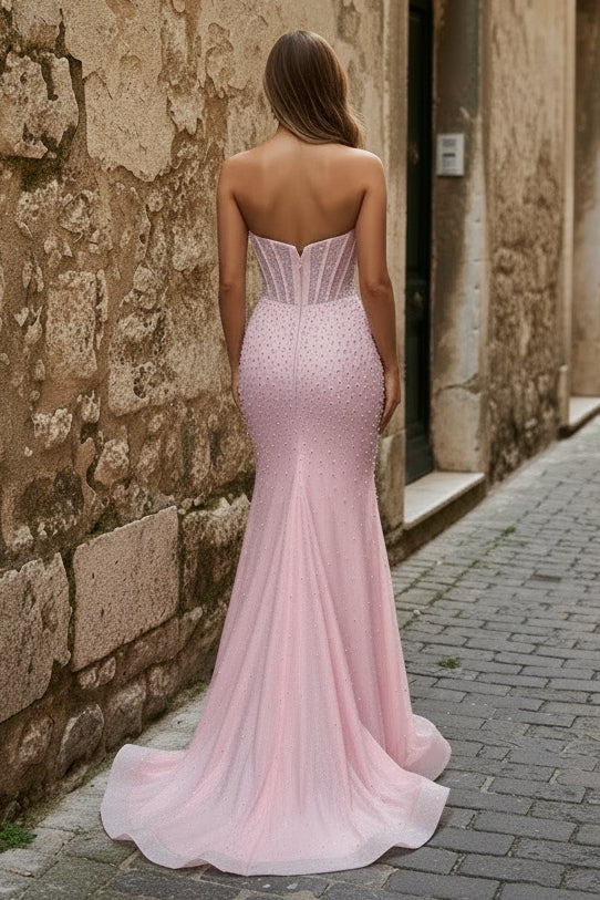 Sweetheart Sleeveless Fully Beaded Pearls Satin Pleated Mermaid Prom Dress with Slit