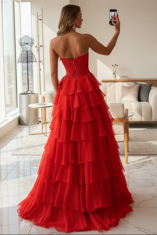 Sweetheart Sleeveless Beaded Applique Chiffon Ruffled Tiered A-Line Prom Dress