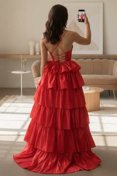 V-Neck Spaghetti Straps Satin Pleated Ruffled Tiered A-Line Prom Dress with High Slit