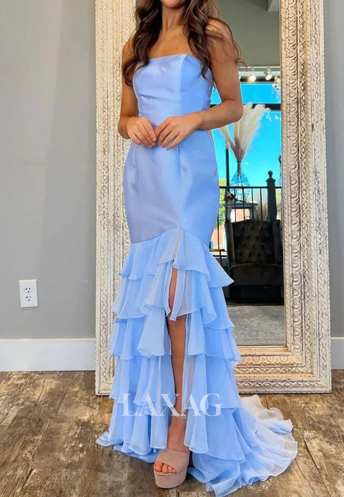 Off-Shoulder Sleeveless Pleated Satin Mermaid Prom Dress Tube Top Chiffon-Tiered Slit Formal Gowns