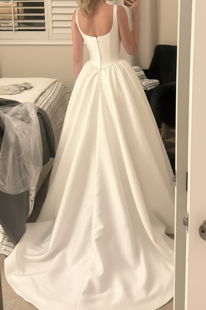 Scoop-Neck Straps Sleeveless Floor-Length Beaded Satin Pleated A-Line Wedding Dress