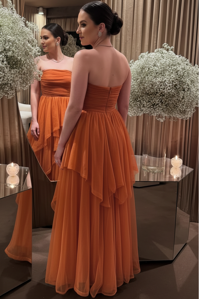 Tube Top Off-Shoulder Sleeveless Floor-Length Tulle Pleated Tiered A-Line Formal Prom Dress