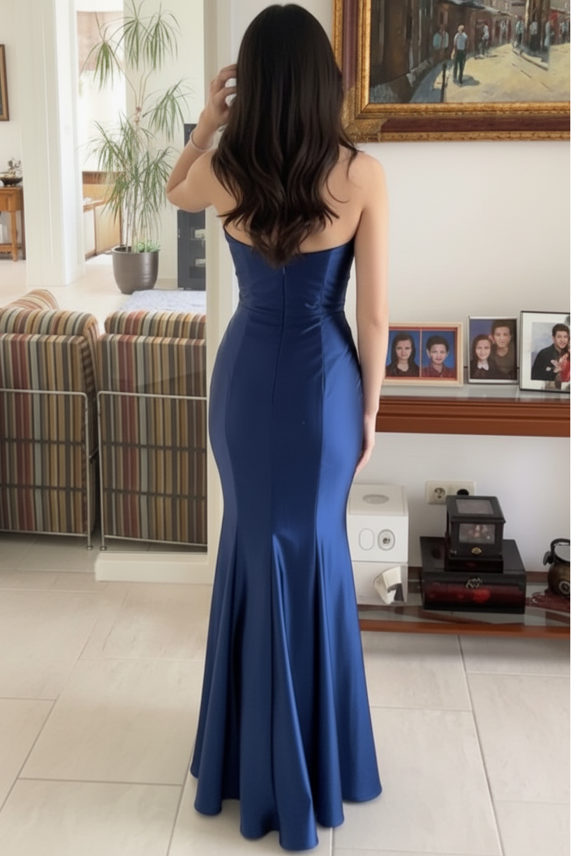 Sweetheart Sleeveless Beaded Satin Pleated Floor-Length Simple Mermaid Prom Dress