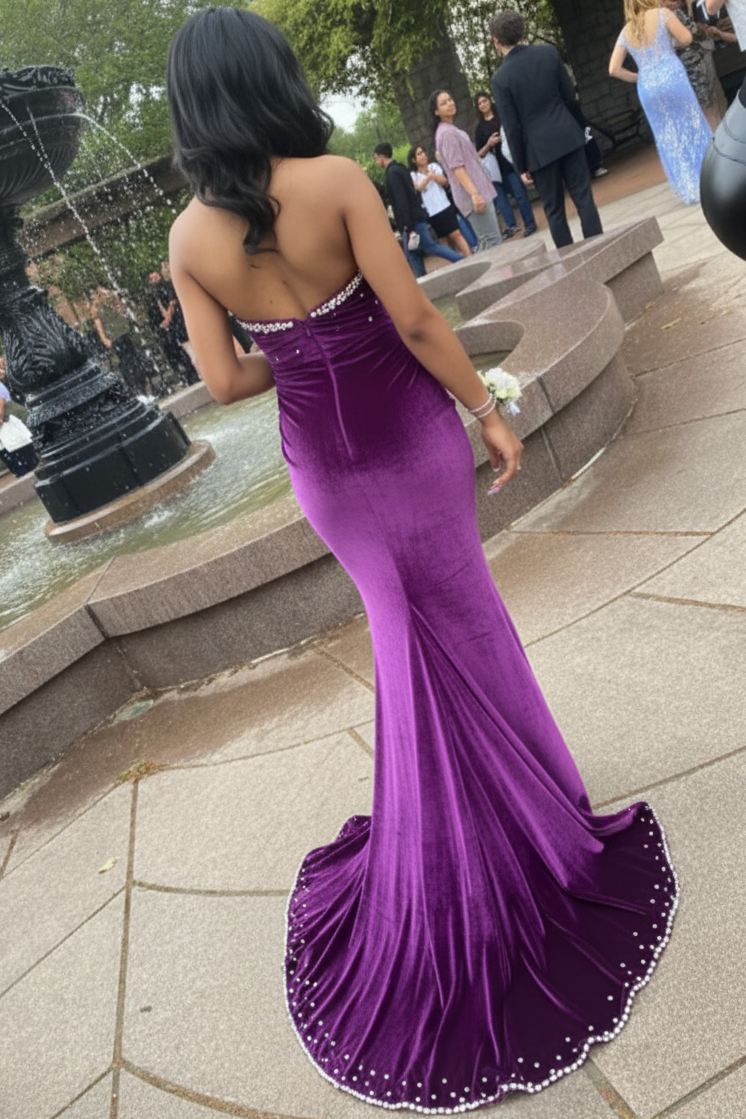 Deep V-Neck Off-Shoulder Beaded Velvet Pleated Sweep Train Mermaid Formal Prom Dress