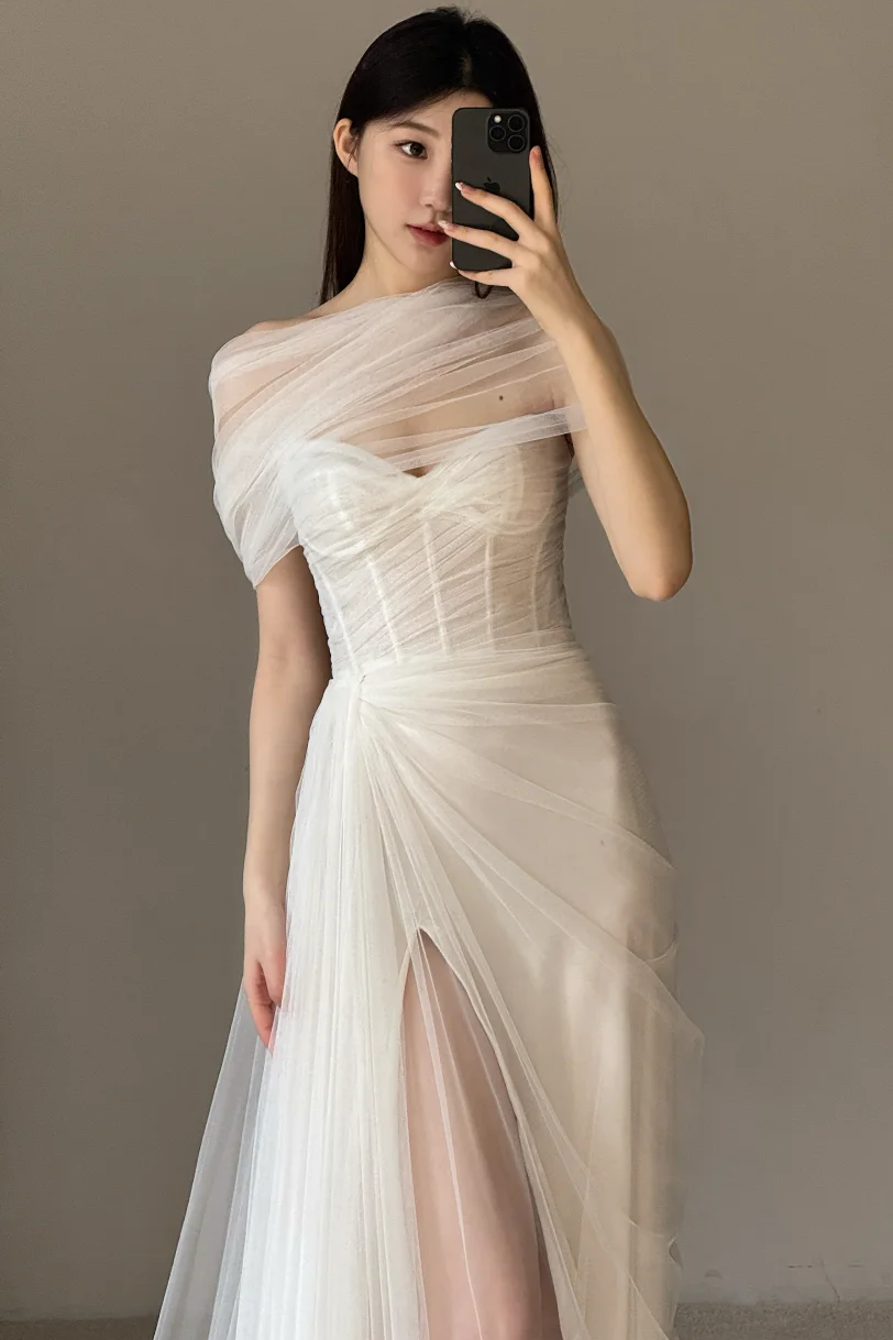 Sweetheart Sleeveless Tulle Pleated Sheer High Slit Mermaid Prom Dress with Train