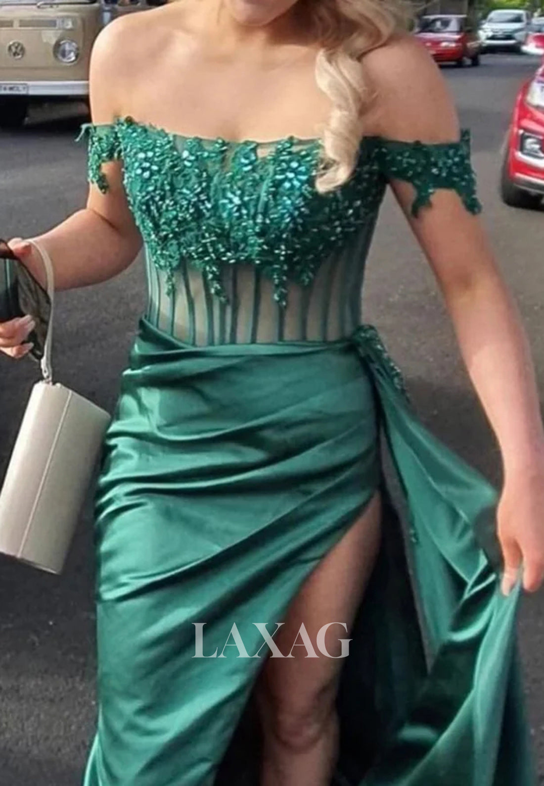 Boat-Neck Off-Shoulder Sleeveless Mermaid Prom Dress Beaded Applique Pleated Party Gowns with High Slit