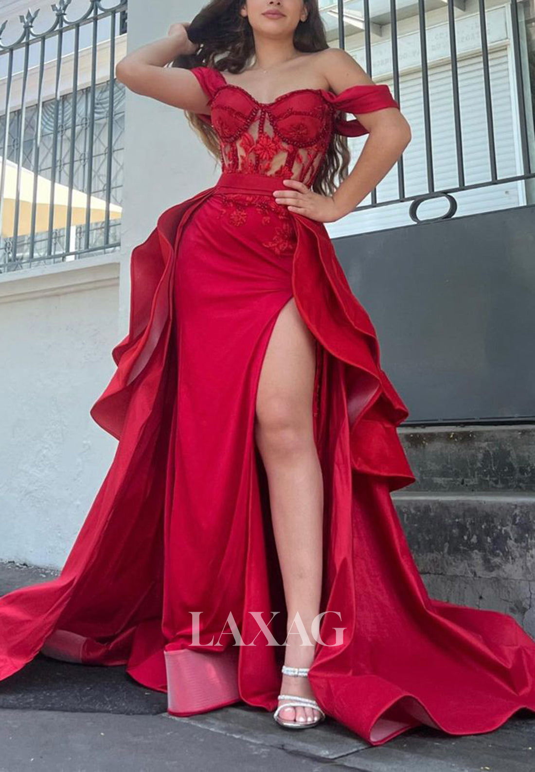 14786 - Off the Shoulder Ruched Detachable Skirt Long Red Semi Formal Prom Dress with Slit