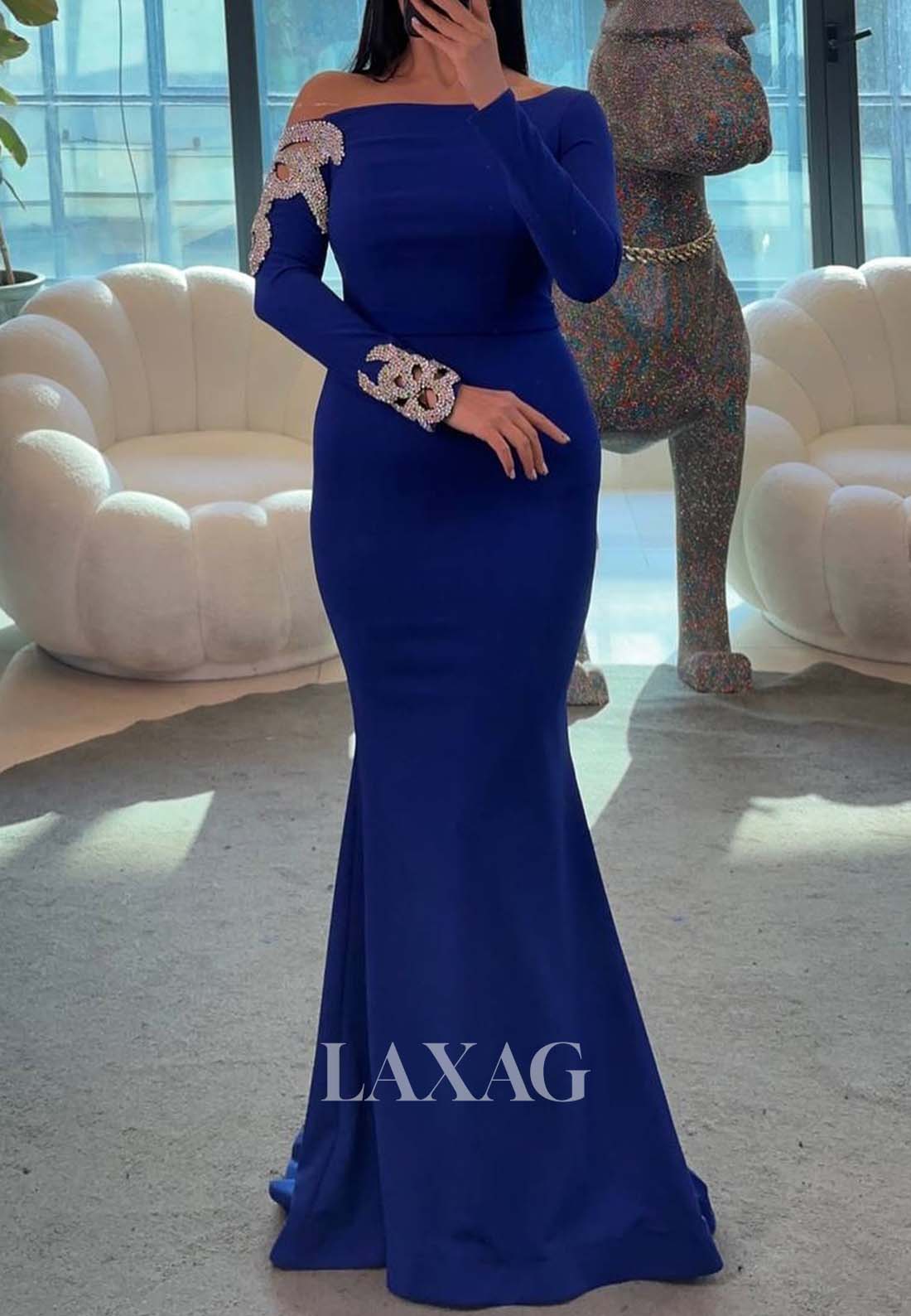 Scoop-Neck Long Sleeves Off-Shoulder Formal Gowns Beaded Satin Sweep Train Mermaid Prom Dress