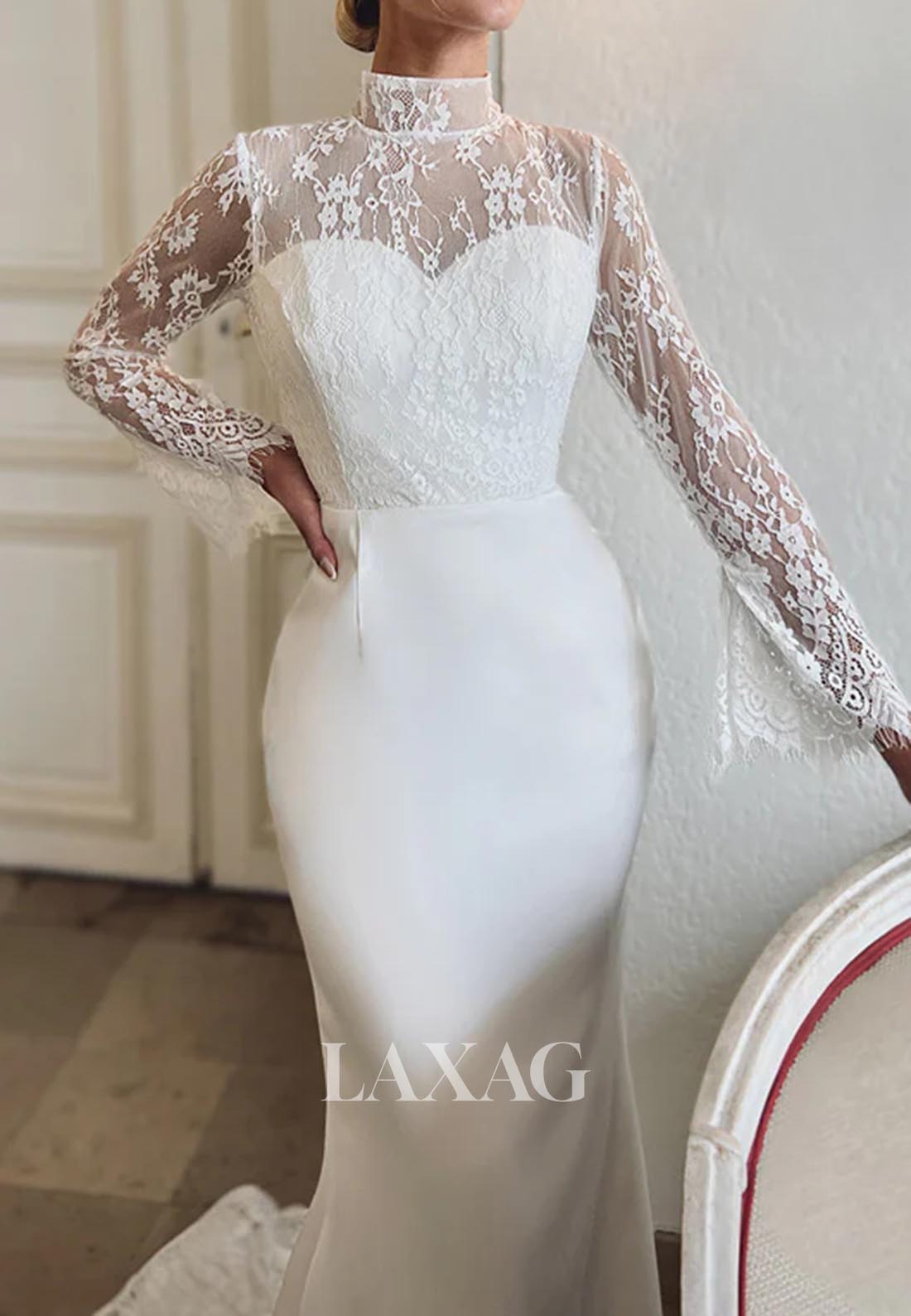 High-Neck Long-Sleeves Mermaid Wedding Dress Sheer Lace&Satin Bride Gowns with Sweep Train