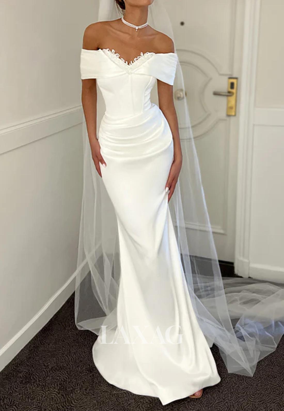 V-Neck Off-Shoulder Sleeveless Lace Applique Pleated Satin Floor-Lengt Laxag V-Neck Off-Shoulder Sleeveless Lace Applique Pleated Satin Floor-Lengt Laxag