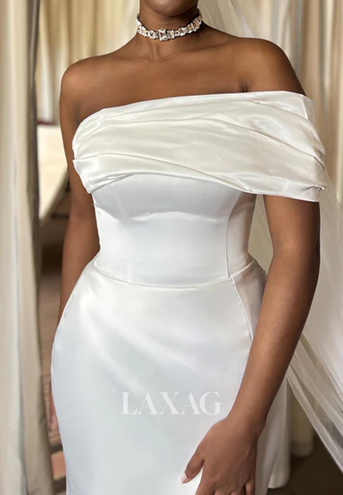 Tube Top Sleeveless Pleated Satin Mermaid Wedding Dress Off-Shoulder Floor-Length Bride Gowns
