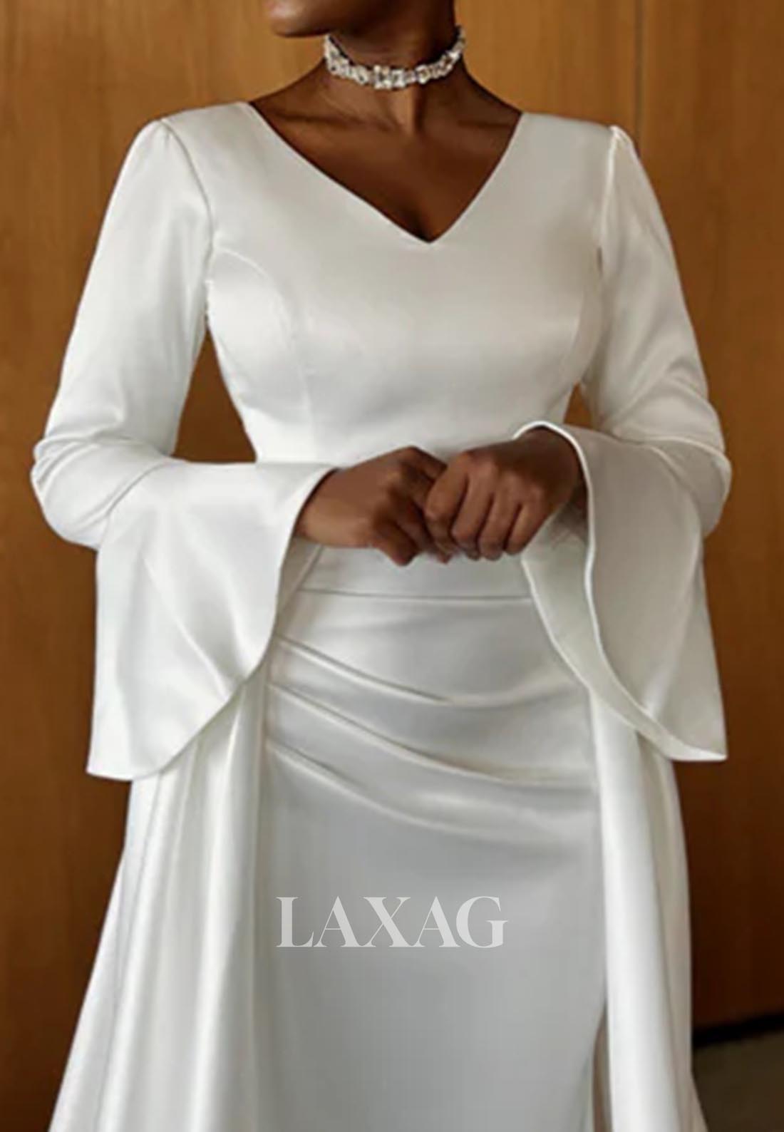 Simple V-Neck Long-Sleeves Bride Gowns Pleated Satin Mermaid Wedding Dress with Sweep Train