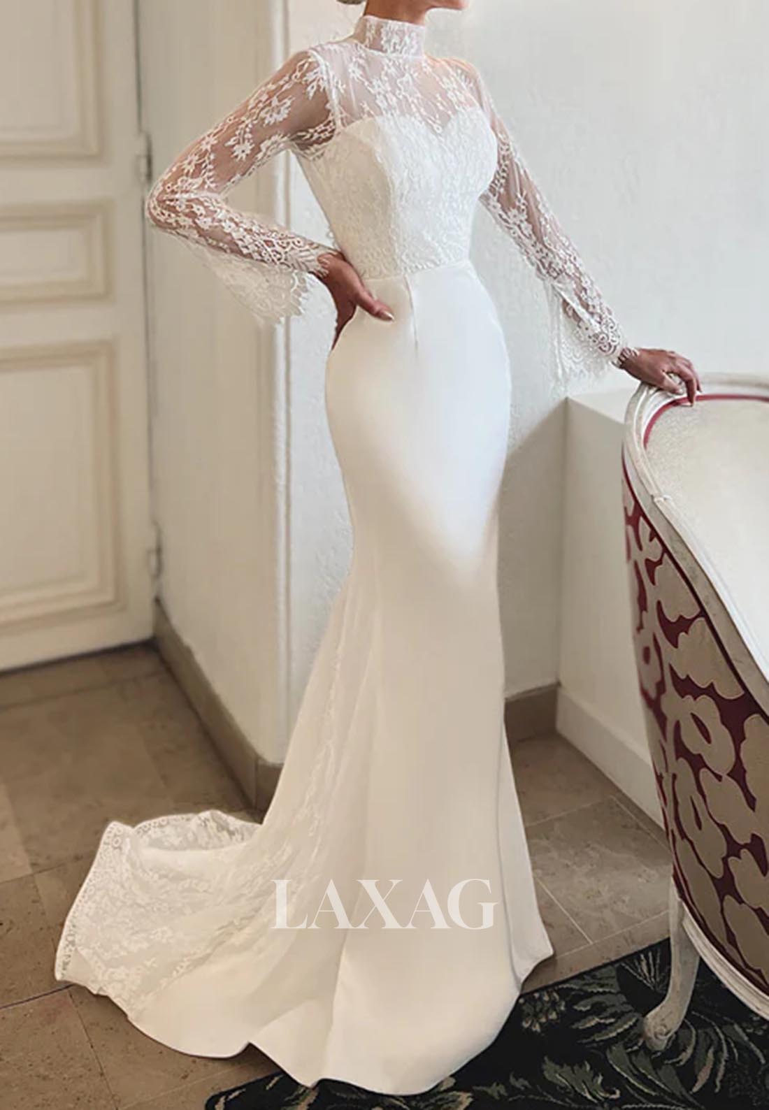 High-Neck Long-Sleeves Mermaid Wedding Dress Sheer Lace&Satin Bride Go Laxag High-Neck Long-Sleeves Mermaid Wedding Dress Sheer Lace&Satin Bride Go Laxag