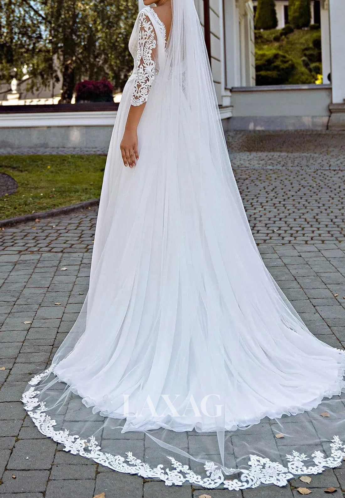 Sweetheart 3/4-Sleeves Lace Applique Floor-Length Pleated Chiffon Wedding Dress with High Slit