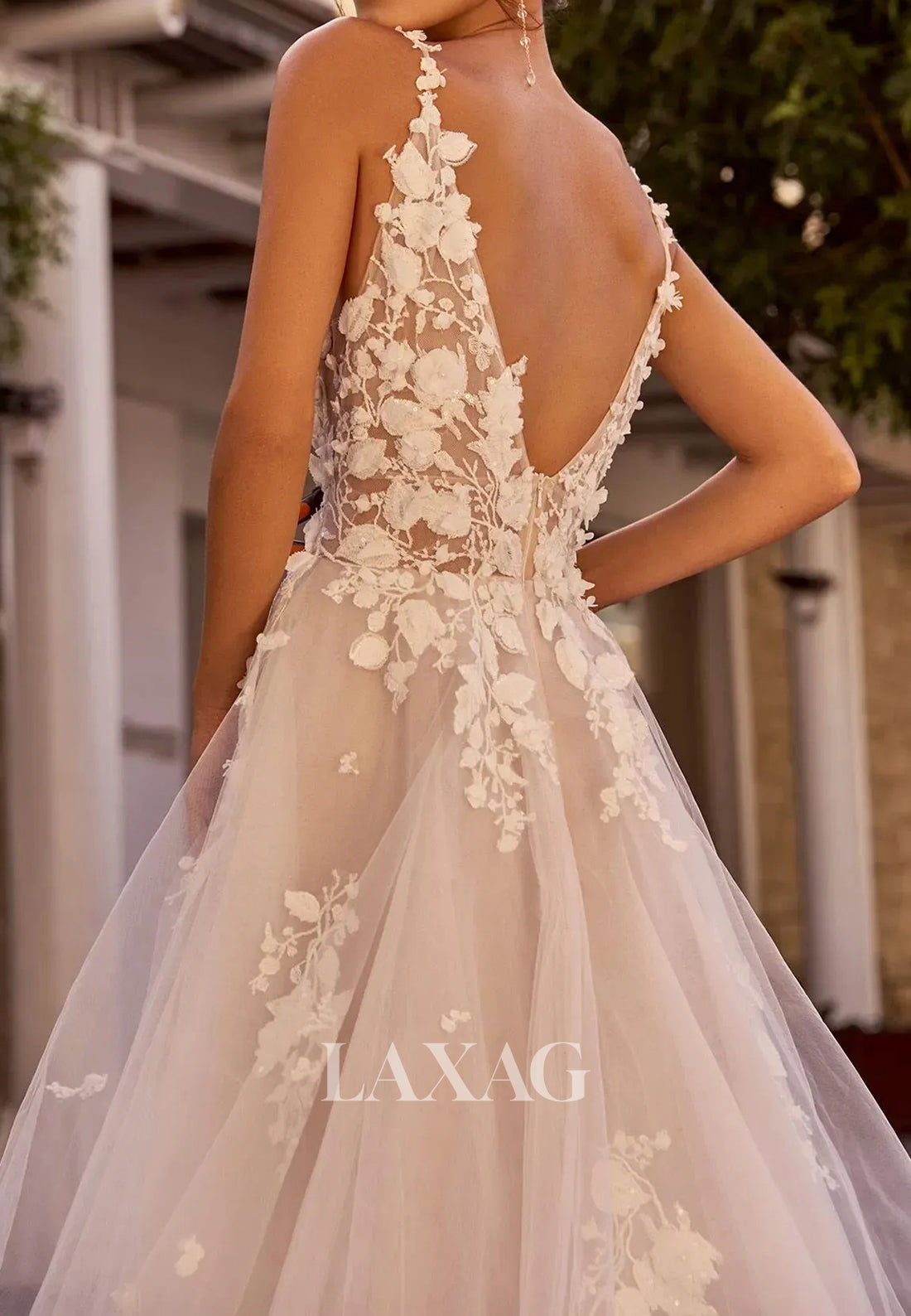 Spaghetti Straps Floral Embellished Pleated Bride Gowns V-Neck Sleeveless A-Line Wedding Dress