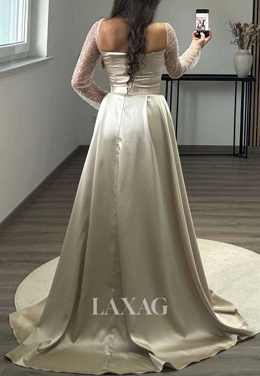 Long Sleeves Square-Nck Pleated Party Gowns Beaded Sequined Mermaid Prom Dress with Overskirt