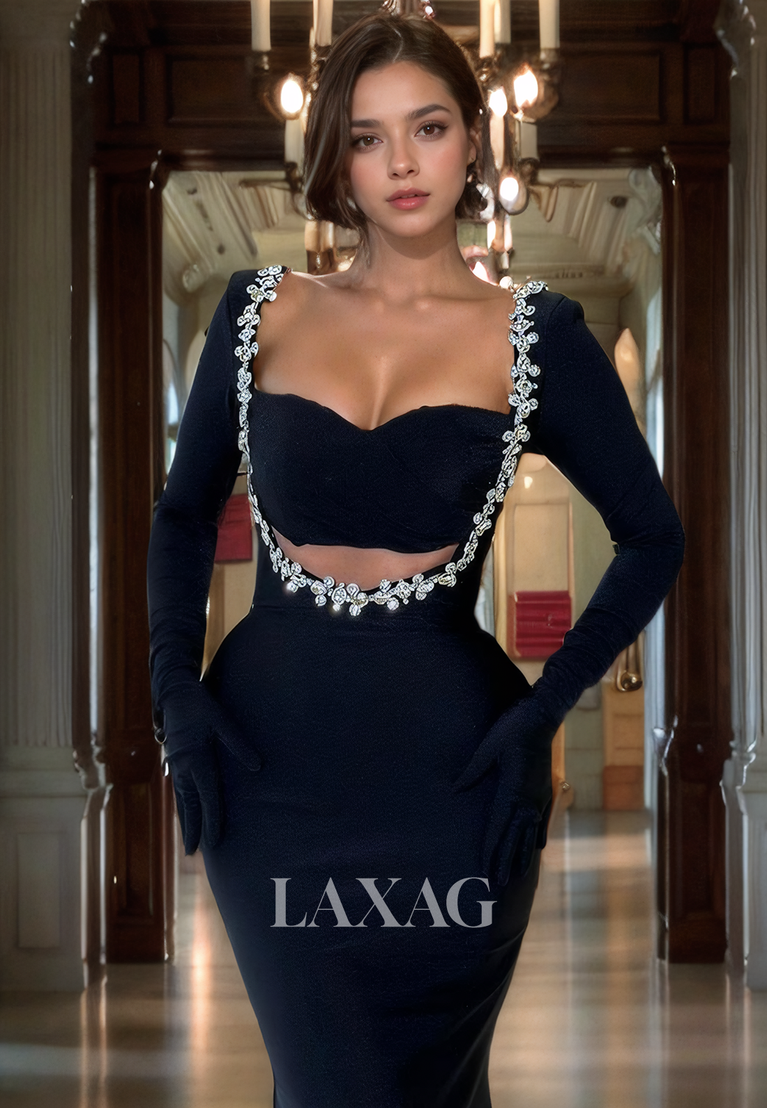 Sweetheart Beaded Long-Sleeves Mermaid Formal Prom Dress Sweep Train Pleated Party Gowns