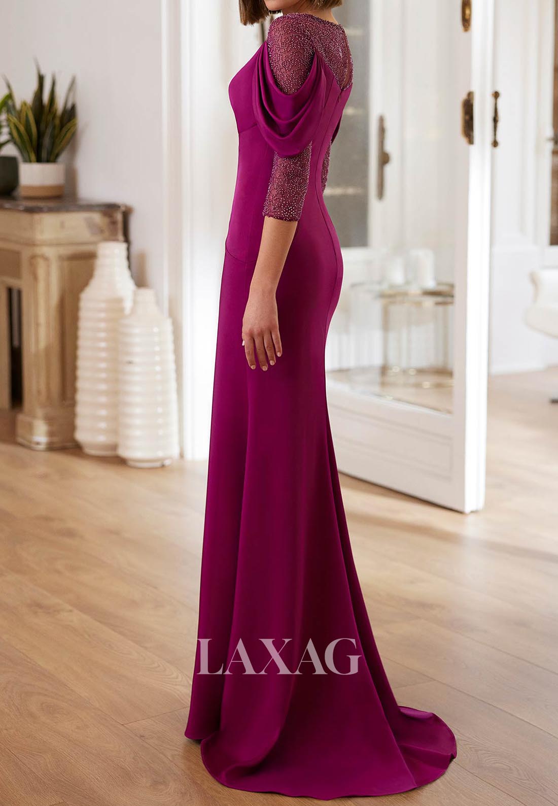 Scoop-Neck 3/4 Sleeves Beaded Pleated Mermaid Mother of the Bride Dress with Sweep Train