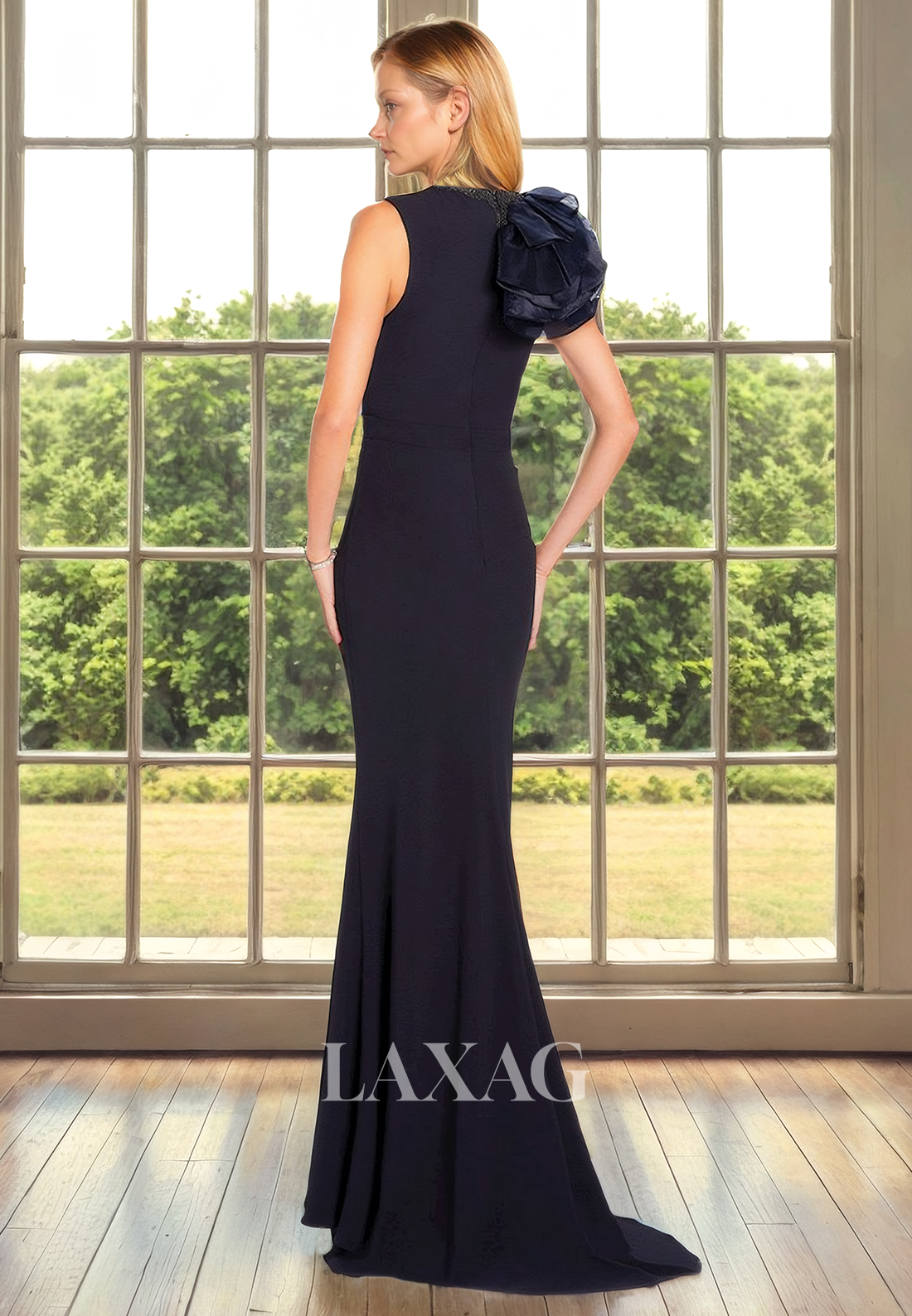 Low V-Neck Beaeded Sleek Satin Elegant Mermaid Mother of the Bride Dress