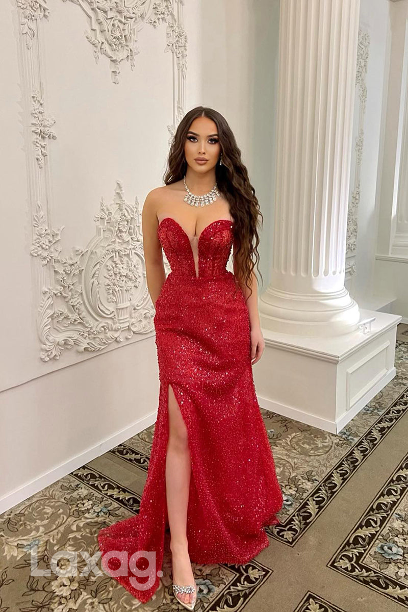 22160 - Low V-Neck Illusion Sparkly Beaded Sleek Satin Mermaid Prom Dress with Slit