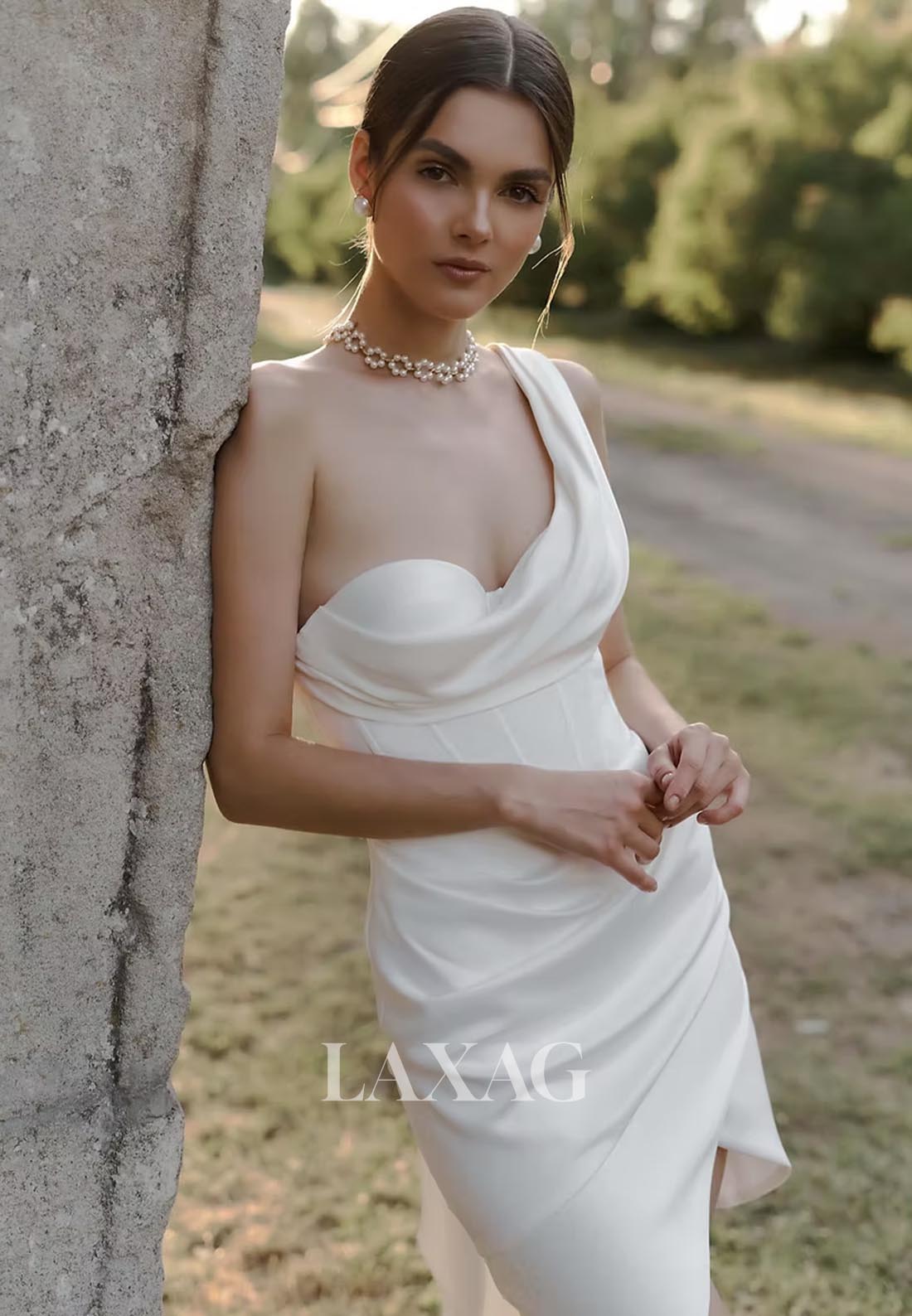 One-Strap Sweetheart Sleeveless Mermaid Wedding Dress Pleated Satin Short Beach Bride Gowns