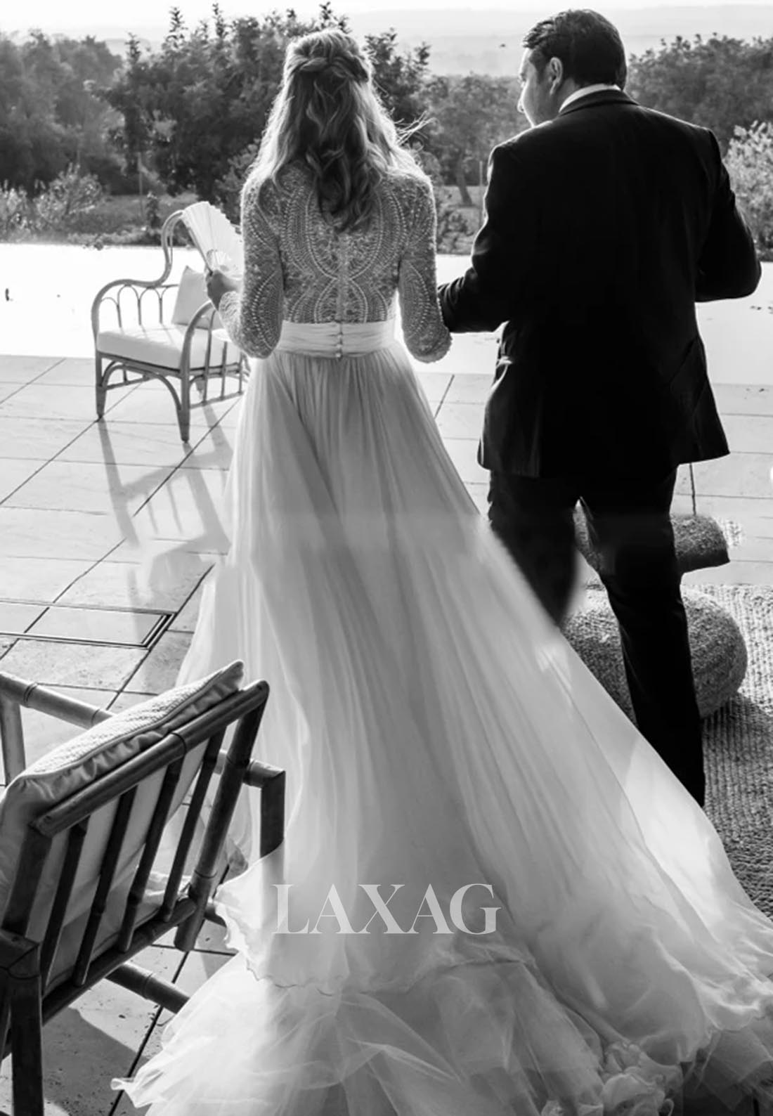 A-Line Lace Applique Beaded Wedding Dress Long-Sleeves Pleated Sheer Bride Gowns with Tulle Train