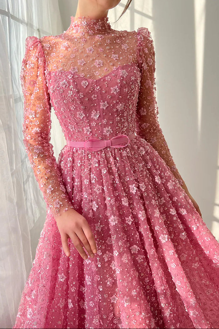 Scoop-Neck 3D-Floral Ruffled A-Line Prom Dress Long-Sleeves Floor-Length Evening Gowns