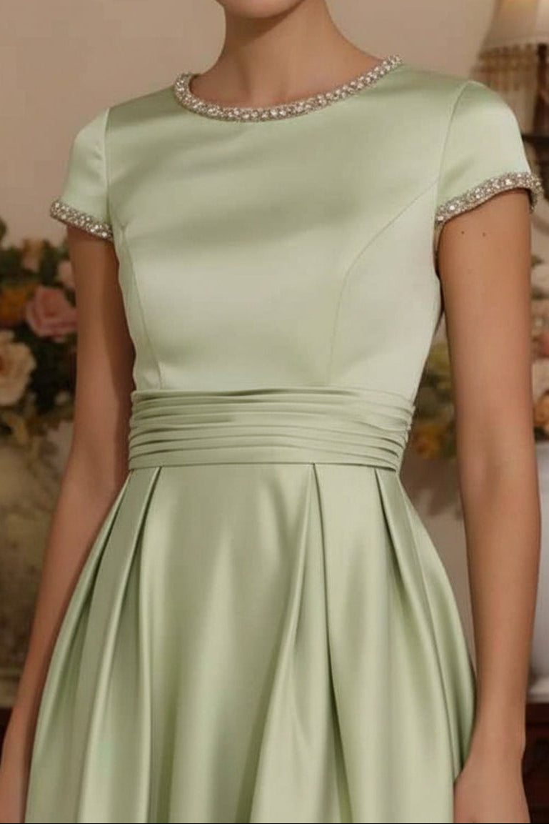Scoop-Neck Cap-Sleeves Beaded Satin Pleated Floor-Length A-Line Mother of the Bride Dress