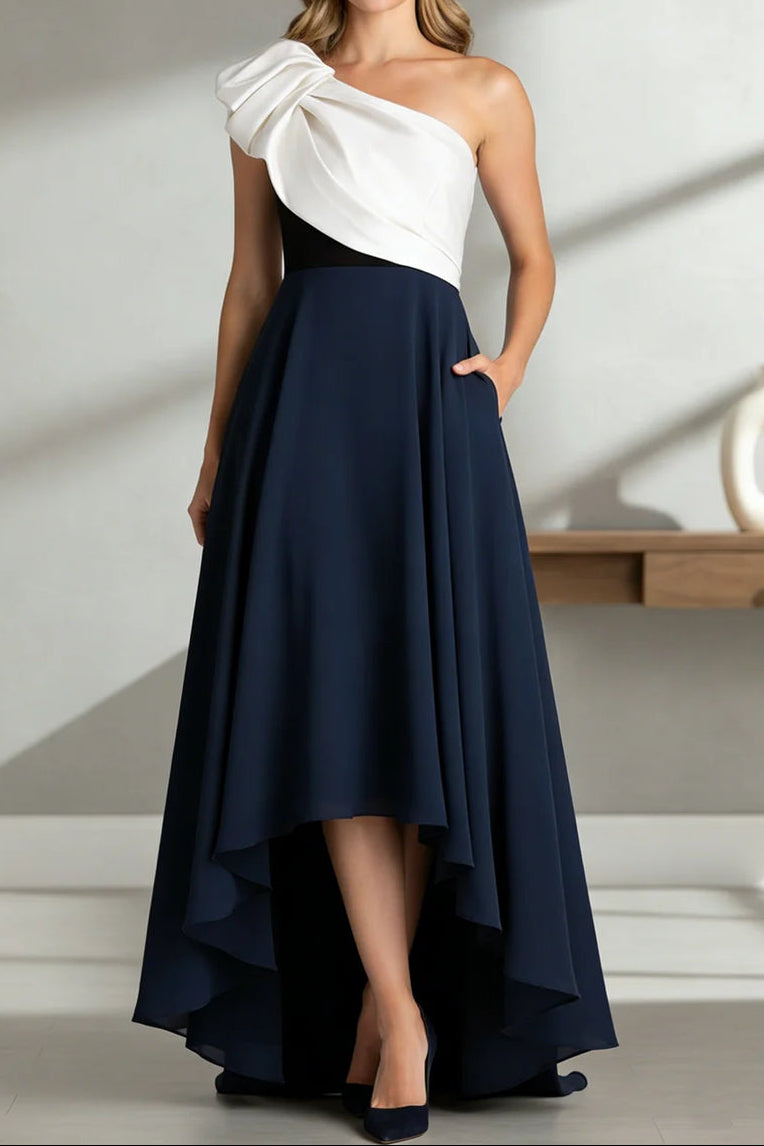 Asymmetrical-Neck Sleeveless Two Tone Satin Pleated A-Line Mother of the Bride Dress