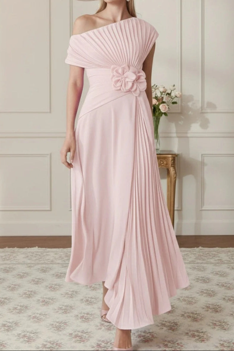 Asymmetrical-Neck Sleeveless Ankle-Length Chiffon Pleated A-Line Mother of the Bride Dress