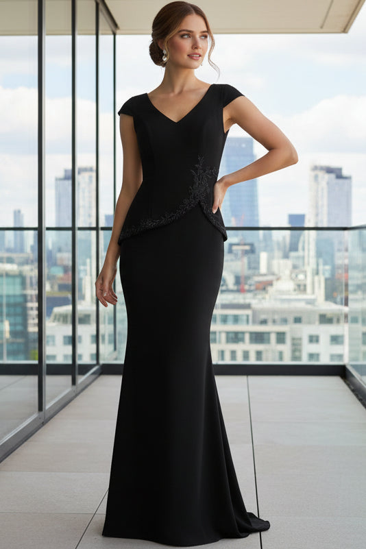V-Neck Cap-Sleeves Lace Applique Satin Trumpet Mermaid Mother of the Bride Dress