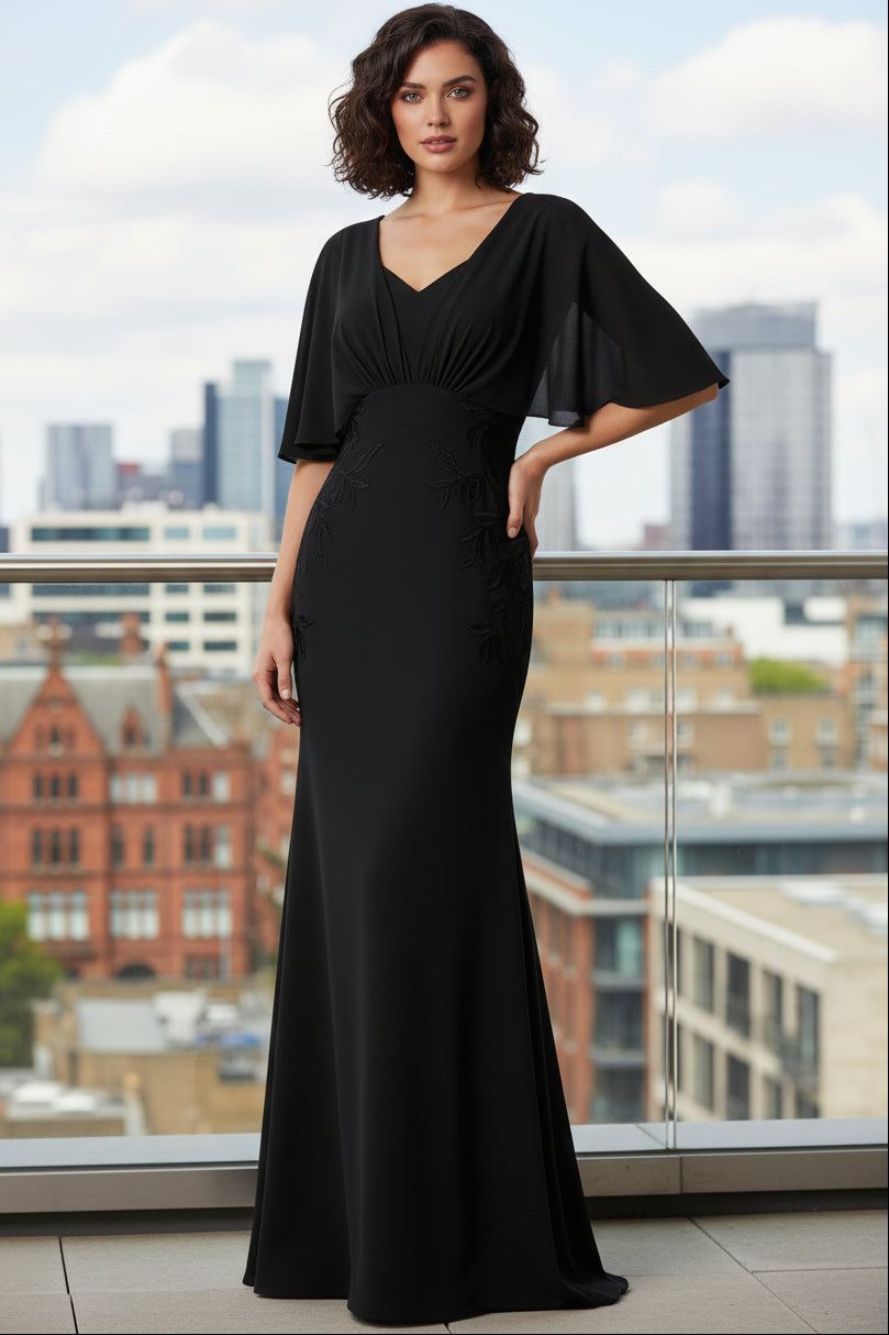 V-Neck Half-Sleeves Jacquard Chiffon Floor-Length Mermaid Mother of the Bride Dress